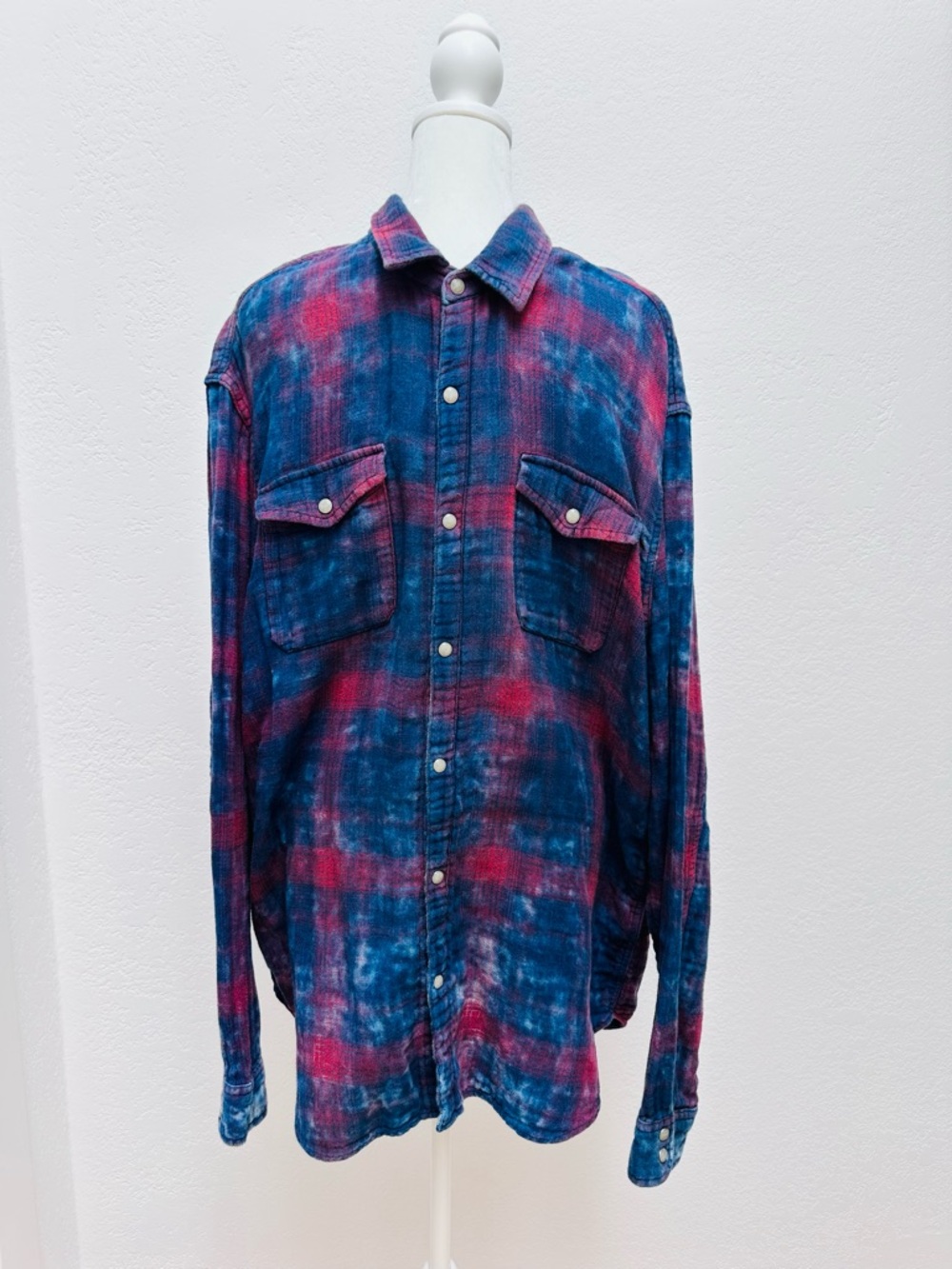 John Varvatos Blue and Pink Plaid Tie Dye Western Style Button-Down Shirt